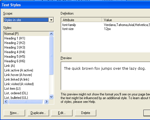 The text styles screen